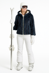 Dyed Mink Patchwork Jacket with Hood – Reversible to White Water Repellant Nylon