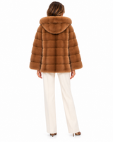 Maximilian 29" Whiskey Dyed Horizontal Mink Jacket with Hood