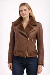 Chestnut Dyed Shearling Lamb Moto Jacket