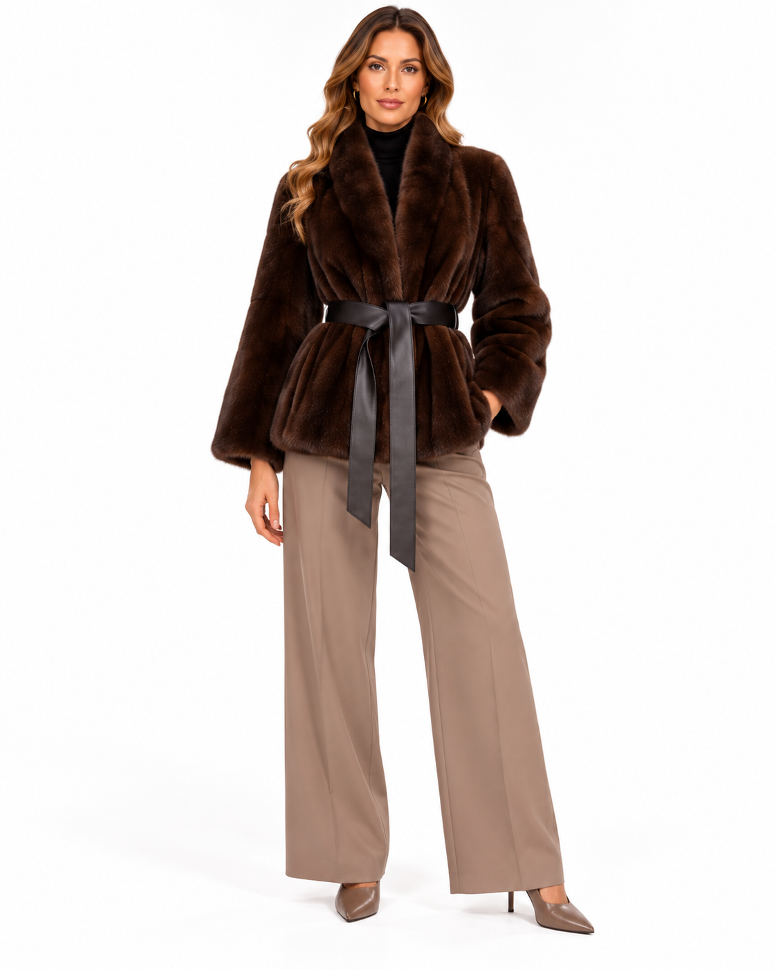 Maximilian 25" Demibuff Mink V-neck Jacket with Leather Belt