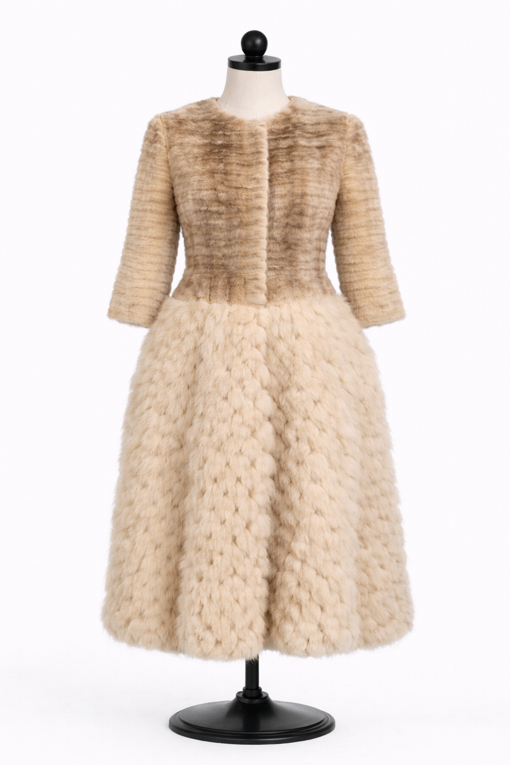 Archive & Vintage  45" Dyed Grooved Mink Coat with "Popcorn" Fox Skirt & Detachable Shawl