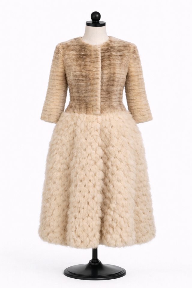 Archive & Vintage  45" Dyed Grooved Mink Coat with "Popcorn" Fox Skirt & Detachable Shawl