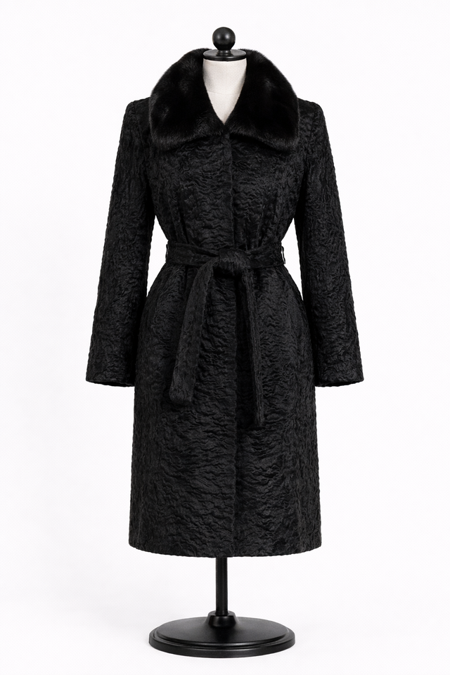 Archive & Vintage 40" Black dyed Swakara Lamb Coat with Mink Collar