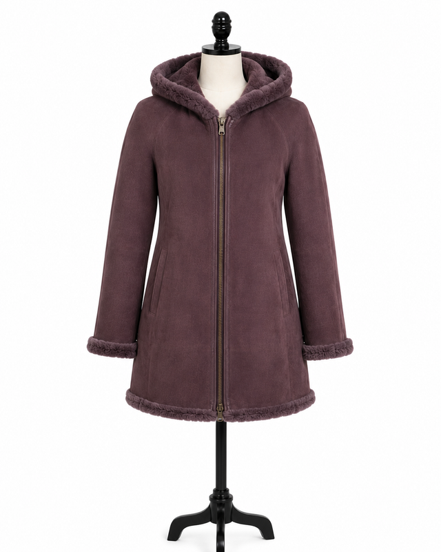 Archive & Vintage 33" Purple Rose Dyed Shearling Lamb Coat with Hood.