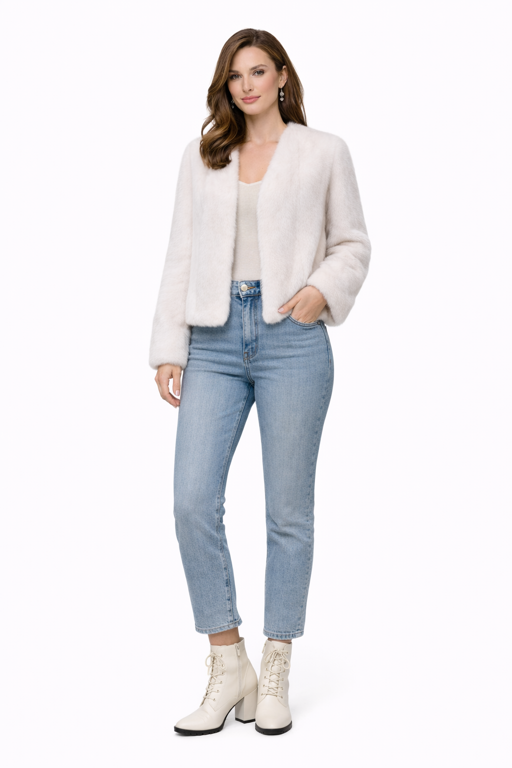 White Mink Jacket with Moder V Neck - 22"