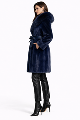 Nautical Blue Dyed Mink Coat with Dyed Silver Fox Collar- 36"