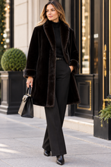 Maximilian 36" Reversible Dyed Sheared Mink Coat with Long Hair Mink Tuxedo and Cuffs