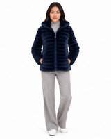28" Reversible Navy Shearling Lamb Hooded Jacket - Maximilian