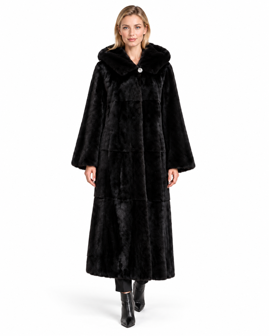 Maximilian 50" Black Dyed Mink Coat with Hood & Leather Belt