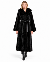 Maximilian 50" Black Dyed Mink Coat with Hood & Leather Belt
