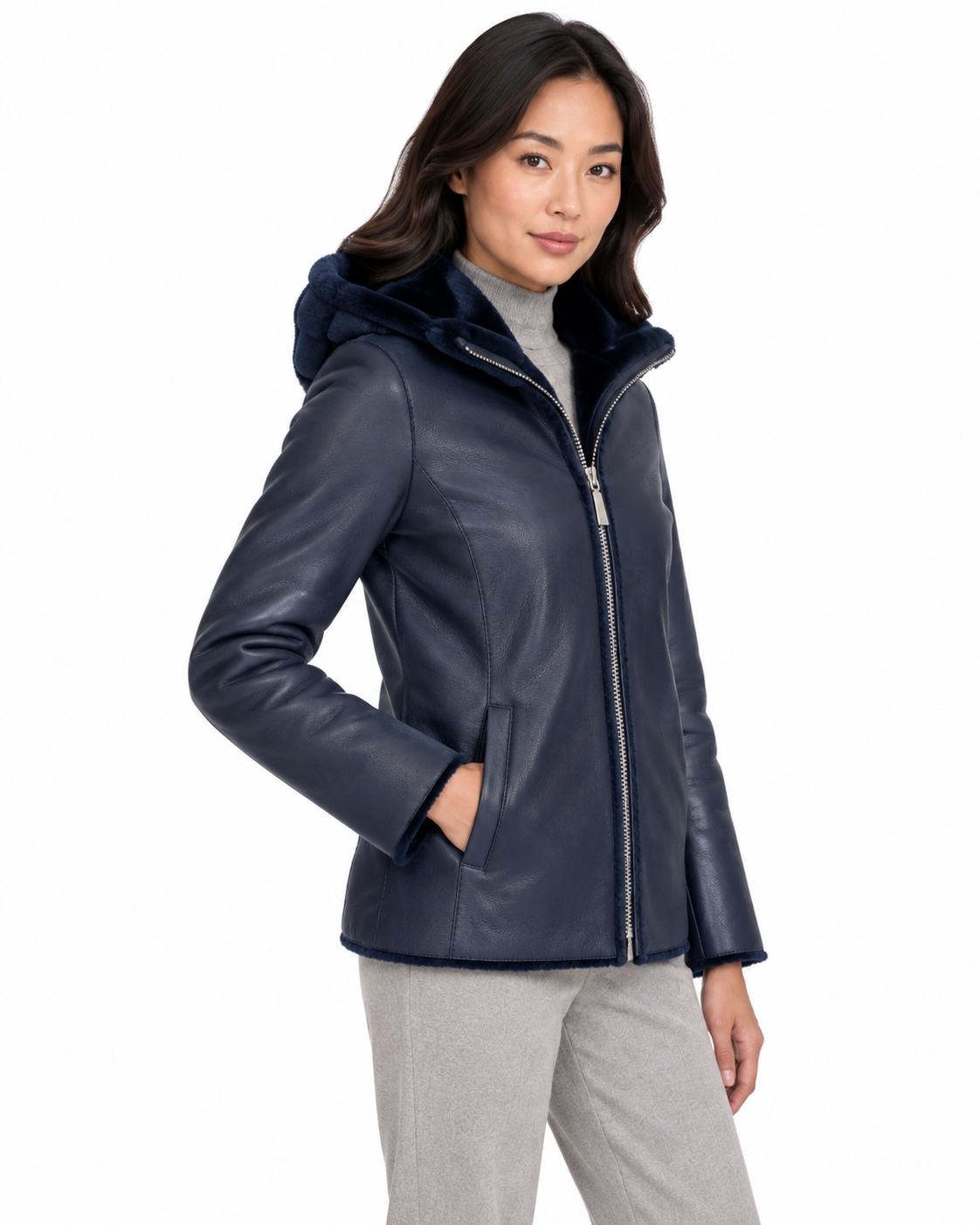 28" Reversible Navy Shearling Lamb Hooded Jacket - Maximilian