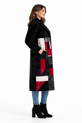 Black Shearling Lamb Coat with Geometric Front