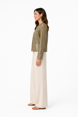 Sage Green Collarless Leather Jacket- 22"