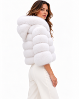 Maximilian 18" Bright White Fox Fur Hooded Bolero with Leather Inserts
