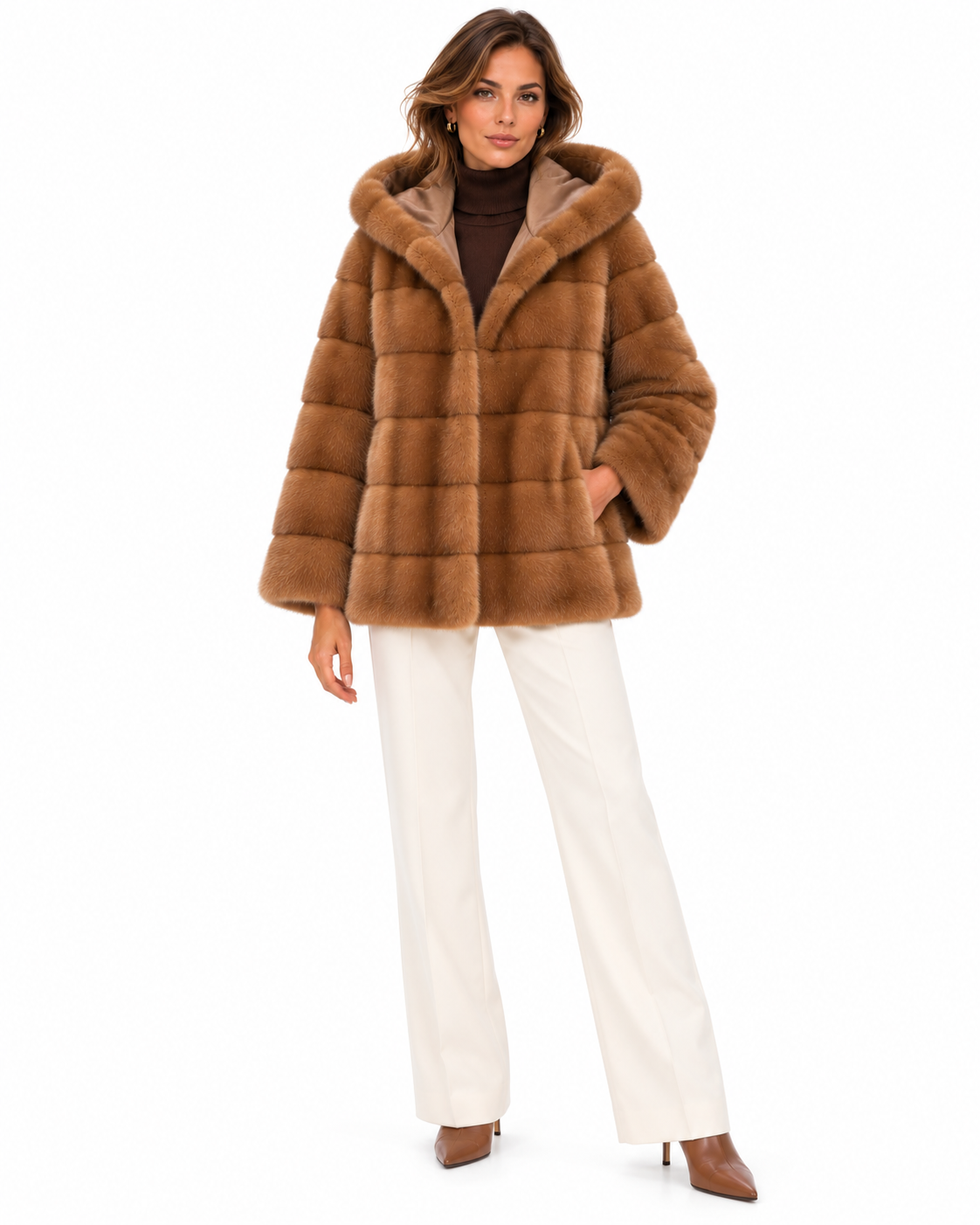 Maximilian 29" Whiskey Dyed Horizontal Mink Jacket with Hood