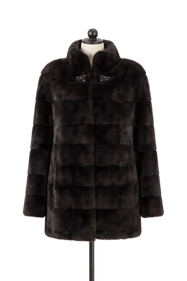 Archive & Vintage Black Horizontal Mink Jacket with Stand Collar- 32"
