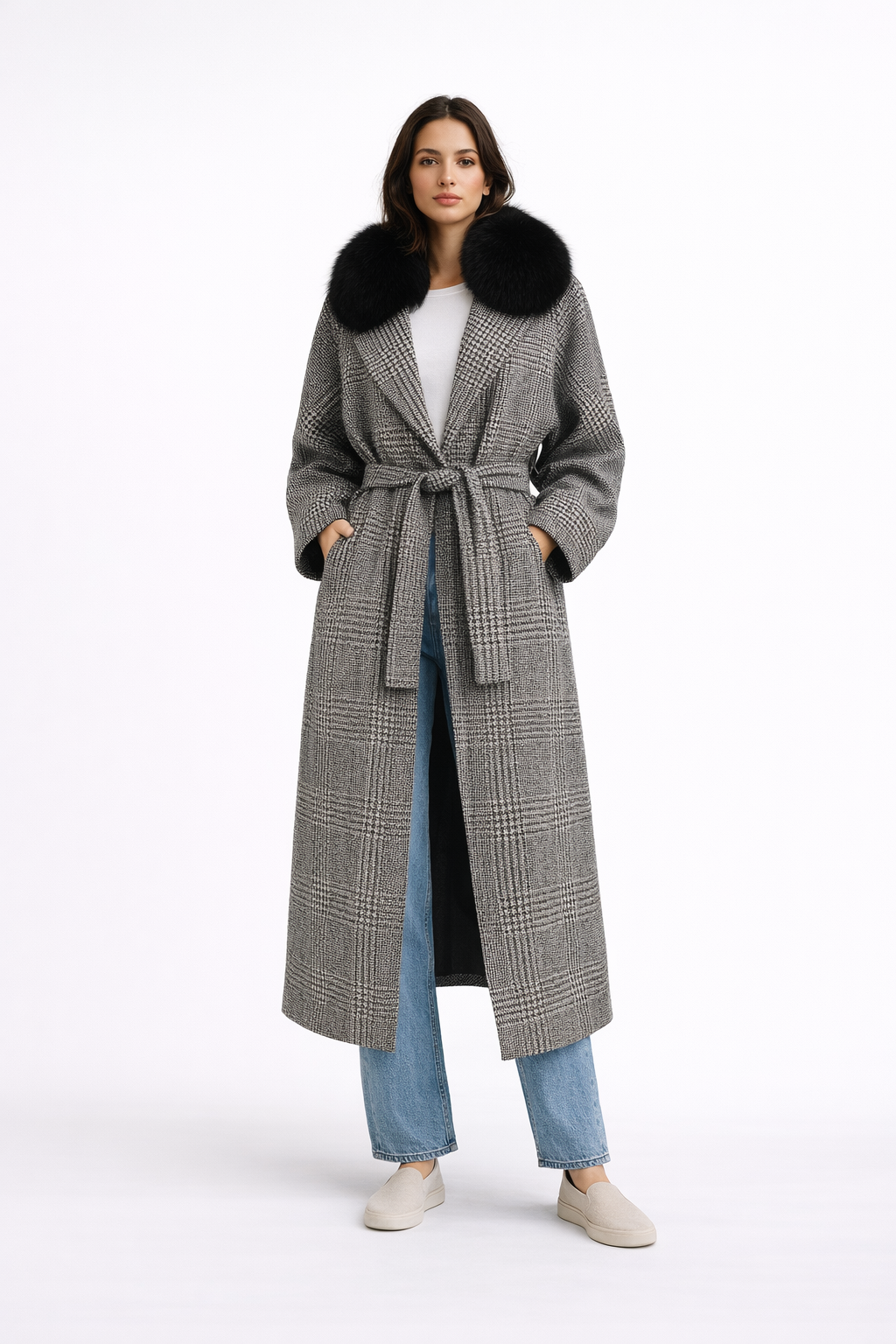 Black & White Houndstooth Wool Blend Coat w/ Fox Collar -47"