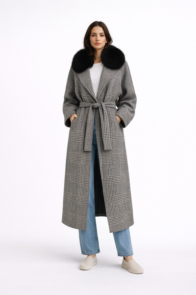 Black & White Houndstooth Wool Blend Coat w/ Fox Collar -47"