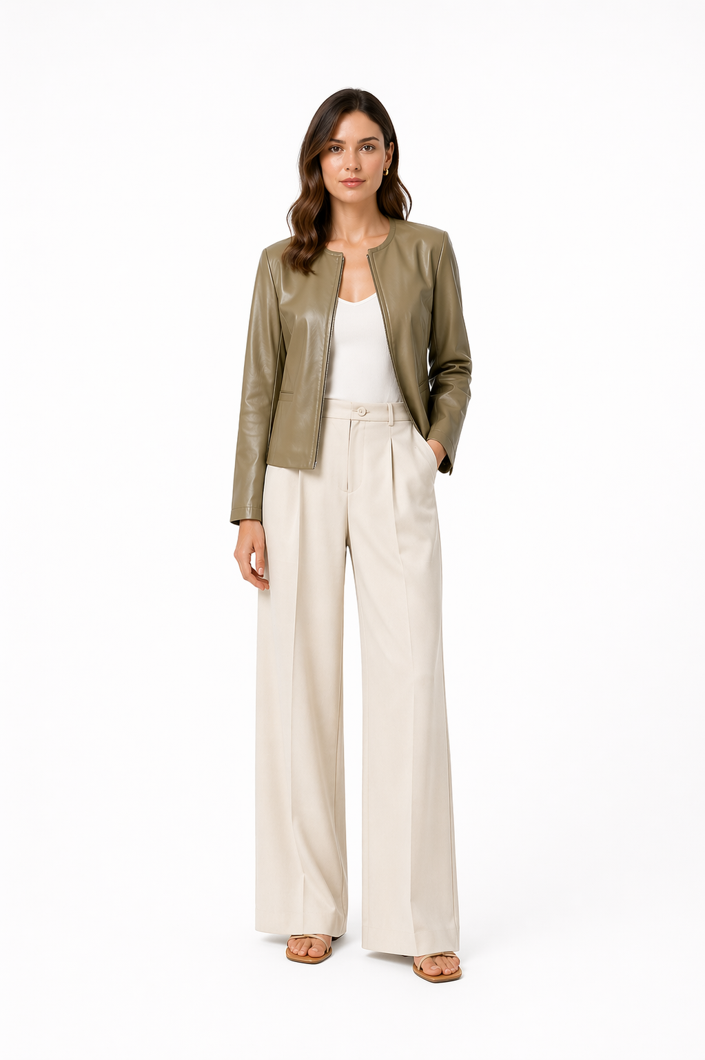 Sage Green Collarless Leather Jacket- 22"