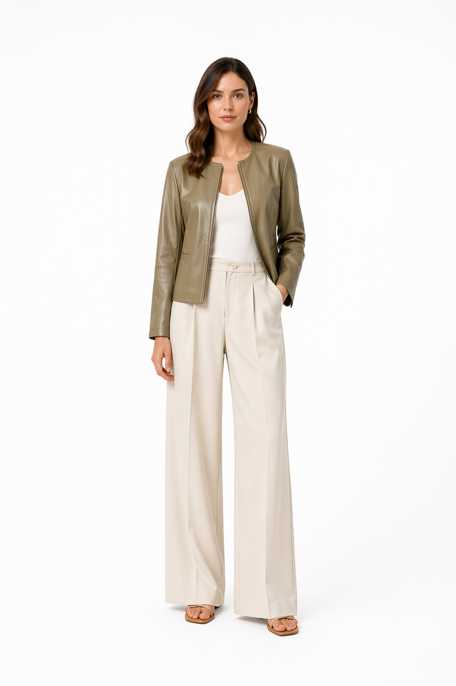 Sage Green Collarless Leather Jacket- 22"