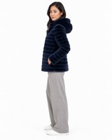 28" Reversible Navy Shearling Lamb Hooded Jacket - Maximilian