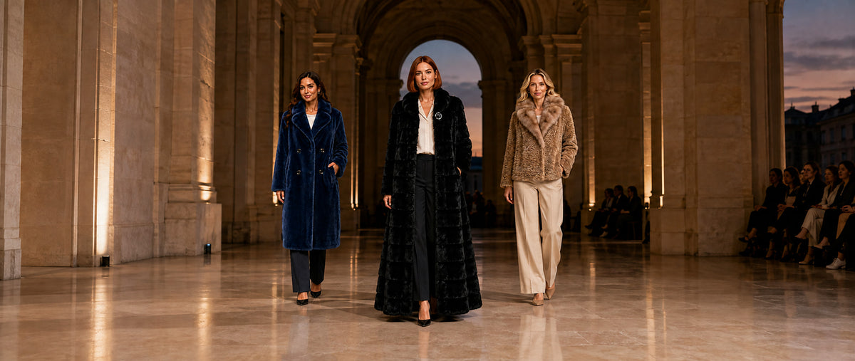 Maximilian One-of-a-Kind outerwear presented in a cream stone runway setting
