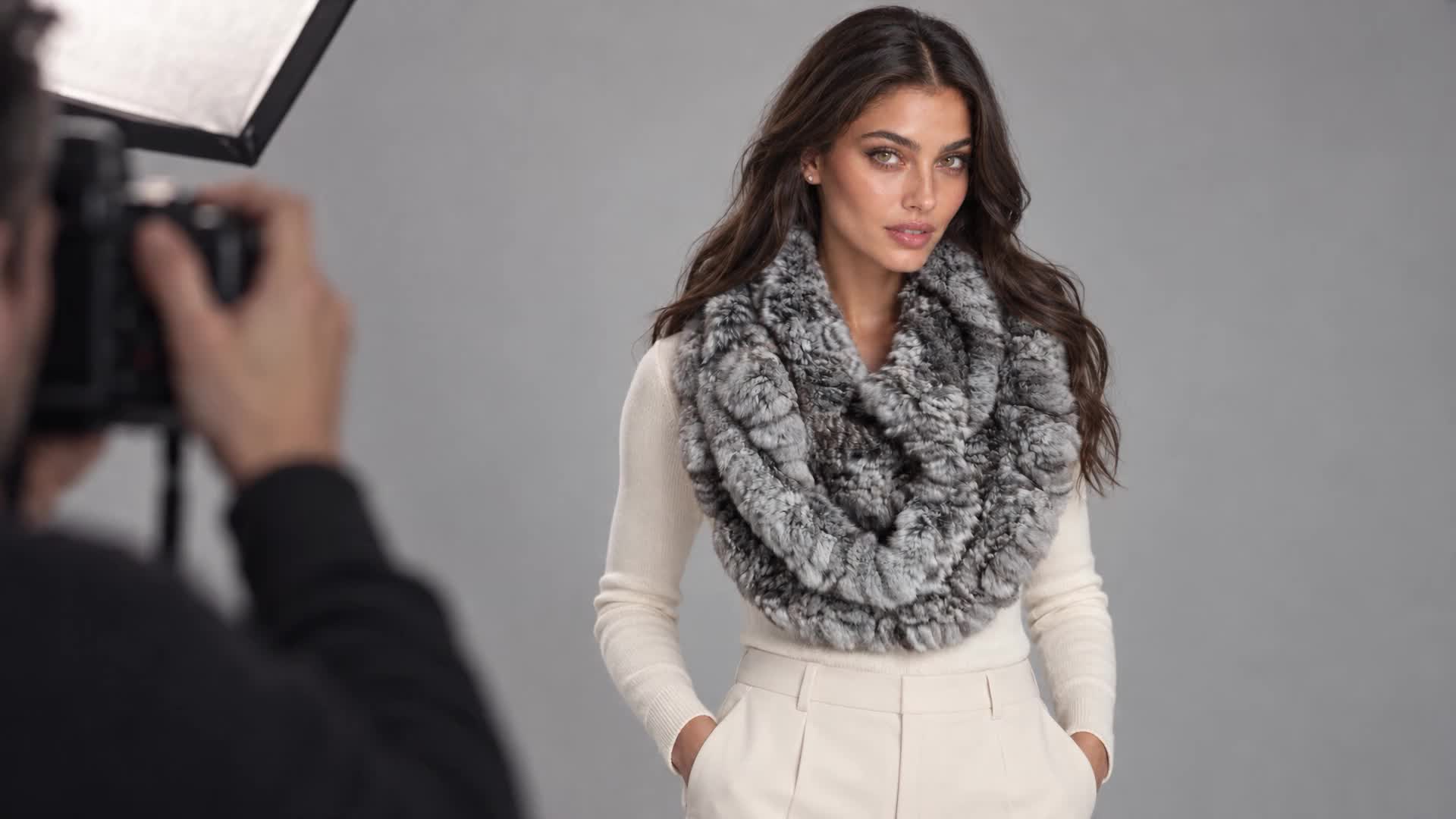 AI-created editorial studio scene featuring Knitted Chinchilla Section Infinity Scarf