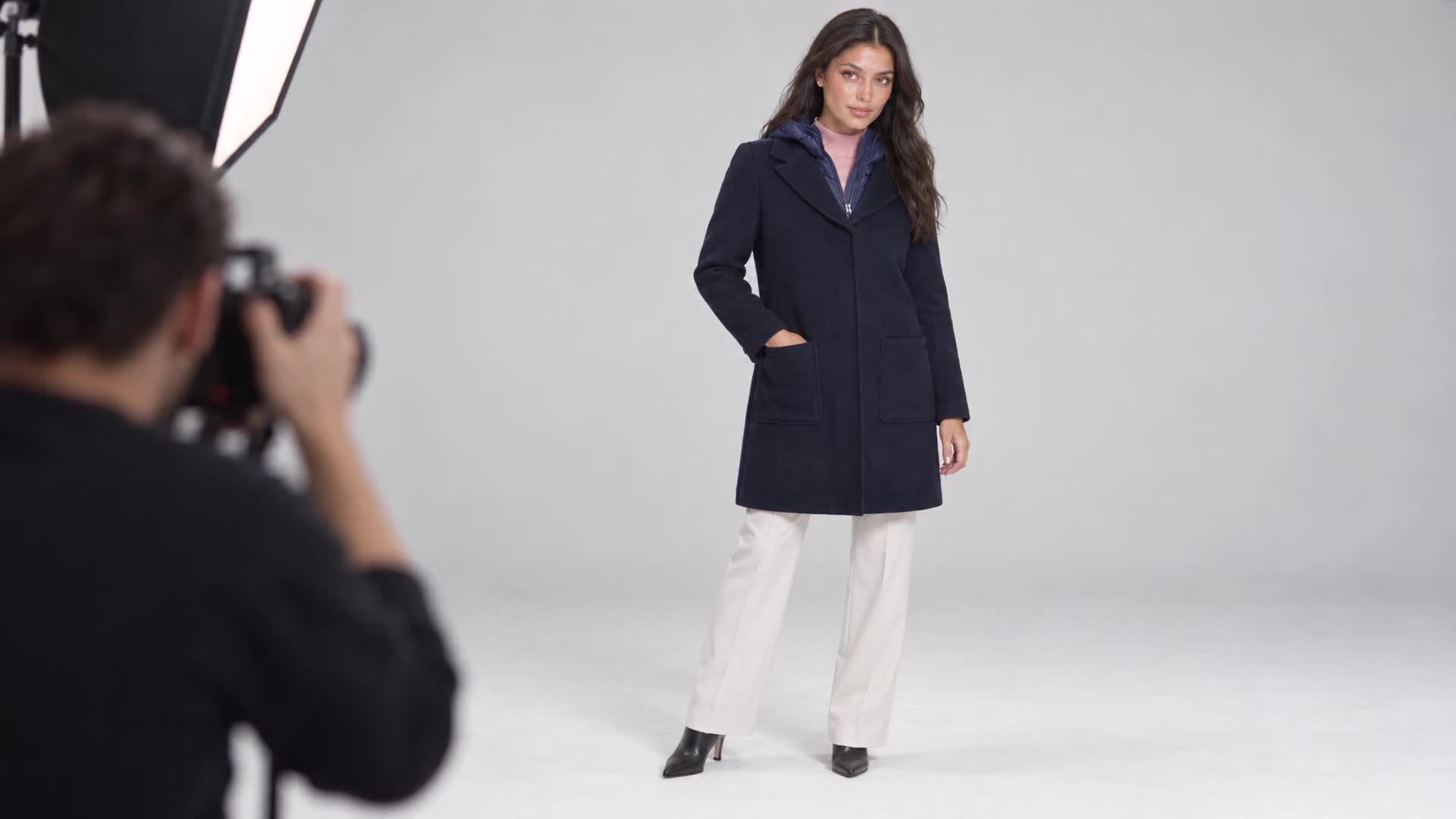 AI-created editorial studio scene featuring Cashmere Blend and Puffer Hooded Coat