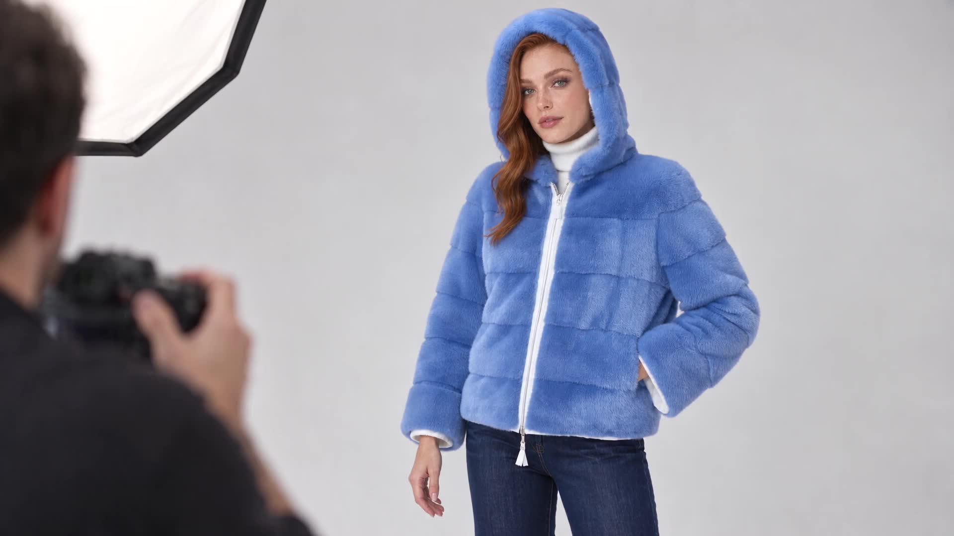 AI-created editorial studio scene featuring Reversible Mink Jacket with Hood