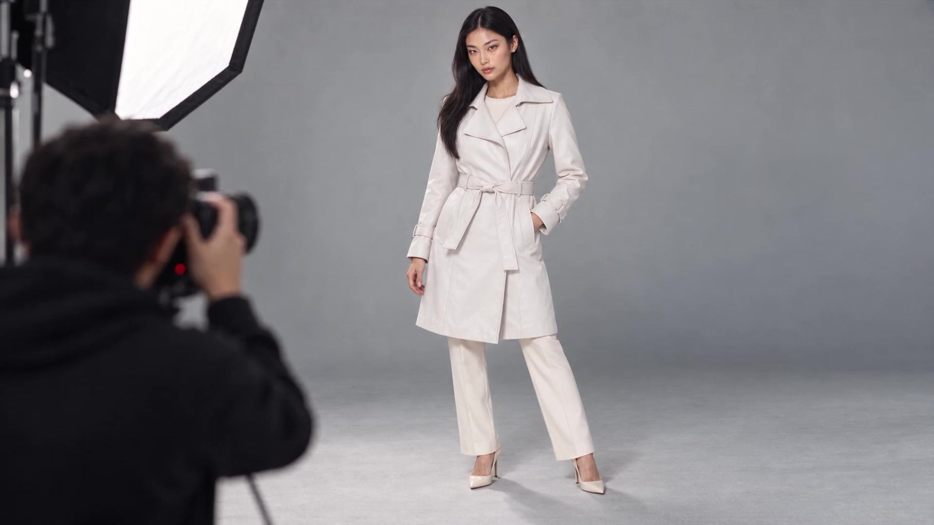 AI-created editorial studio scene featuring Julia and Stella by Maximilian Belted Leather Coat