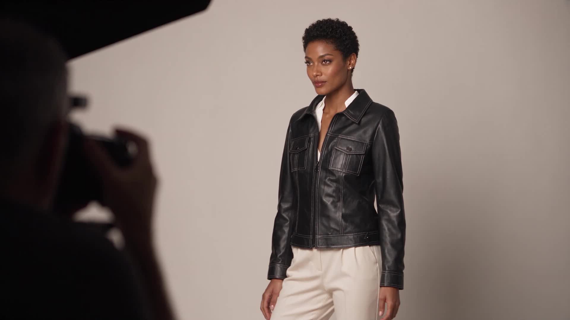 AI-created editorial studio scene featuring Leather Jacket