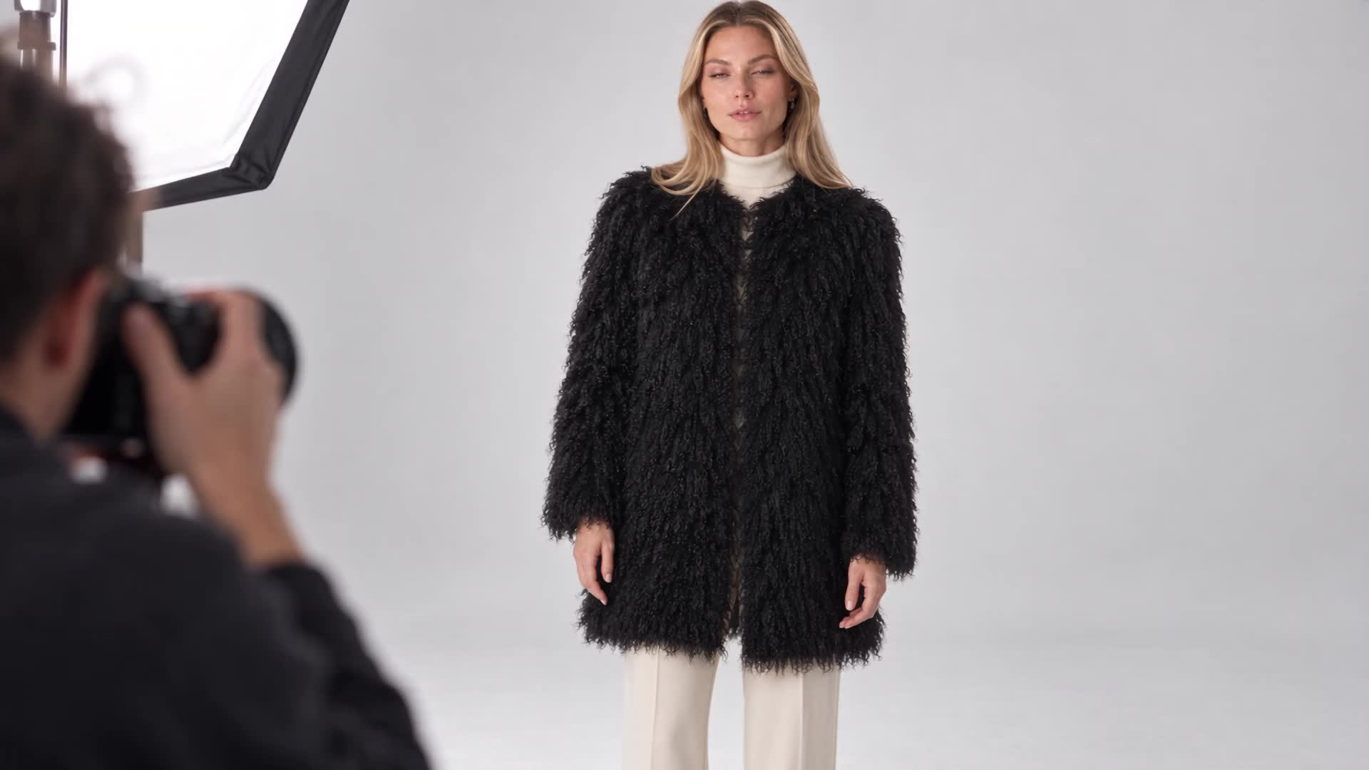 AI-created editorial studio scene featuring Mongolian Lamb Coat