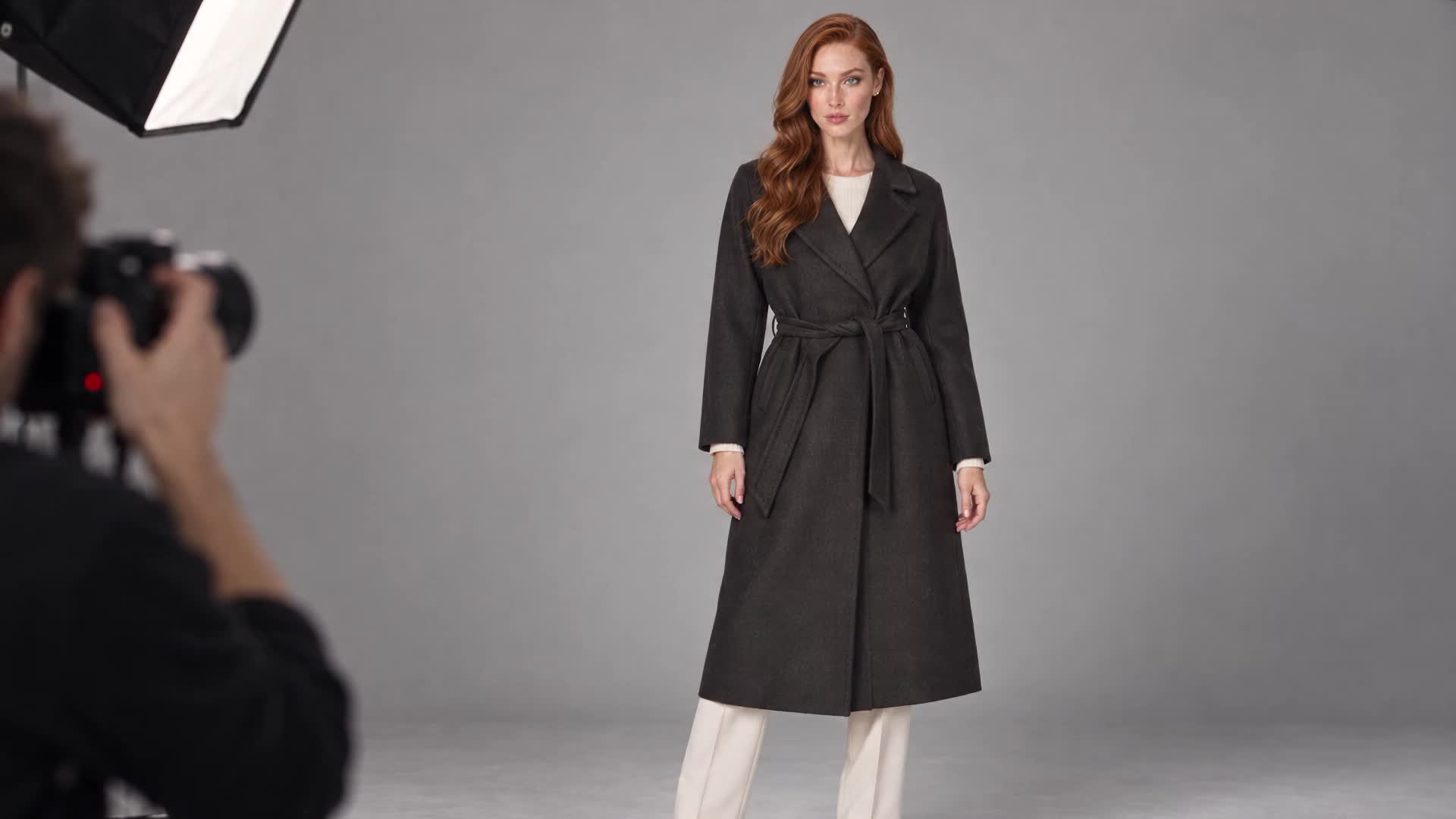 AI-created editorial studio scene featuring Belted Italian Wool blend Coat-Maximilian
