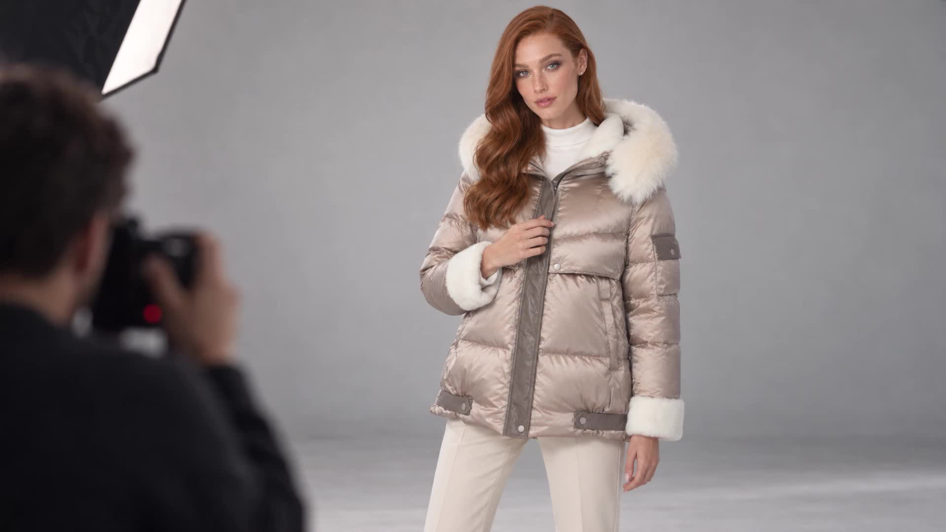 AI-created editorial studio scene featuring Julia & Stella by Maximilian Hooded Puffer with Lamb Trim-Maximilian