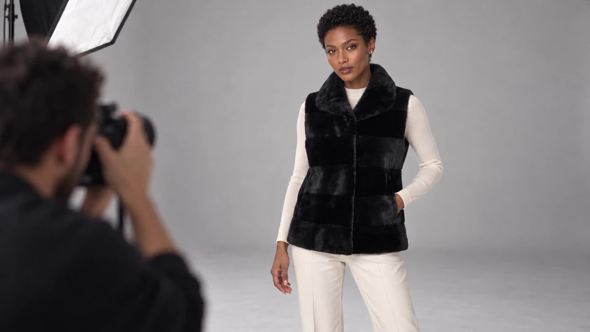 AI-created editorial studio scene featuring Horizontal Sheared Mink Vest
