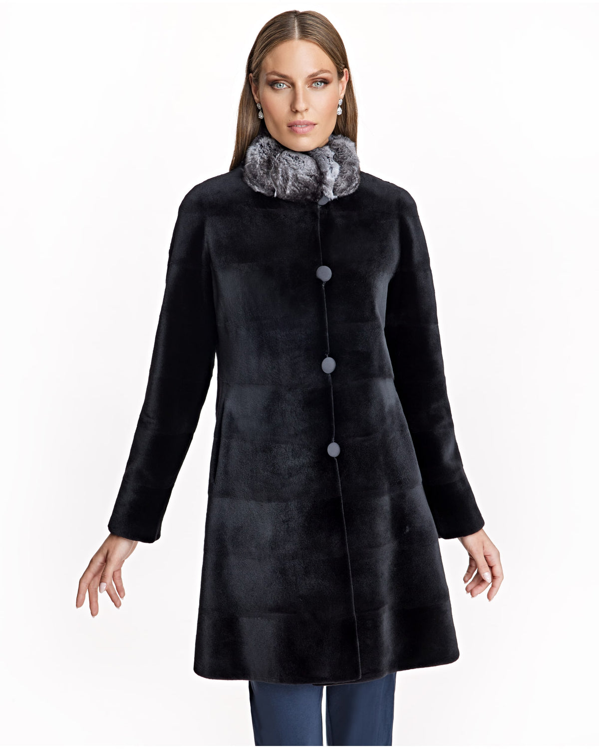 Sheared Mink Reversible Coat with Chinchilla Trim
