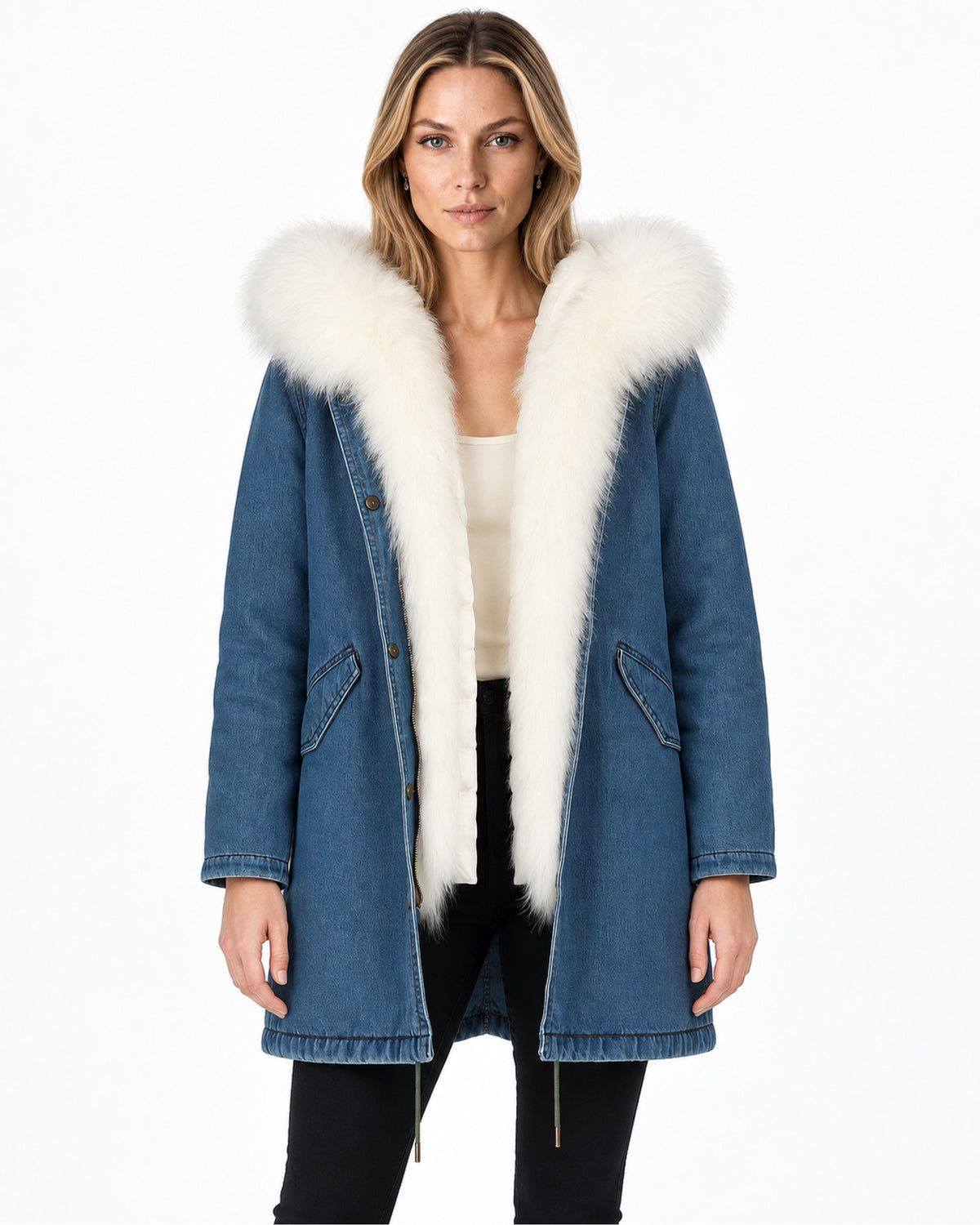 36" Fur-Trimmed Denim Parka with Detachable down Liner
