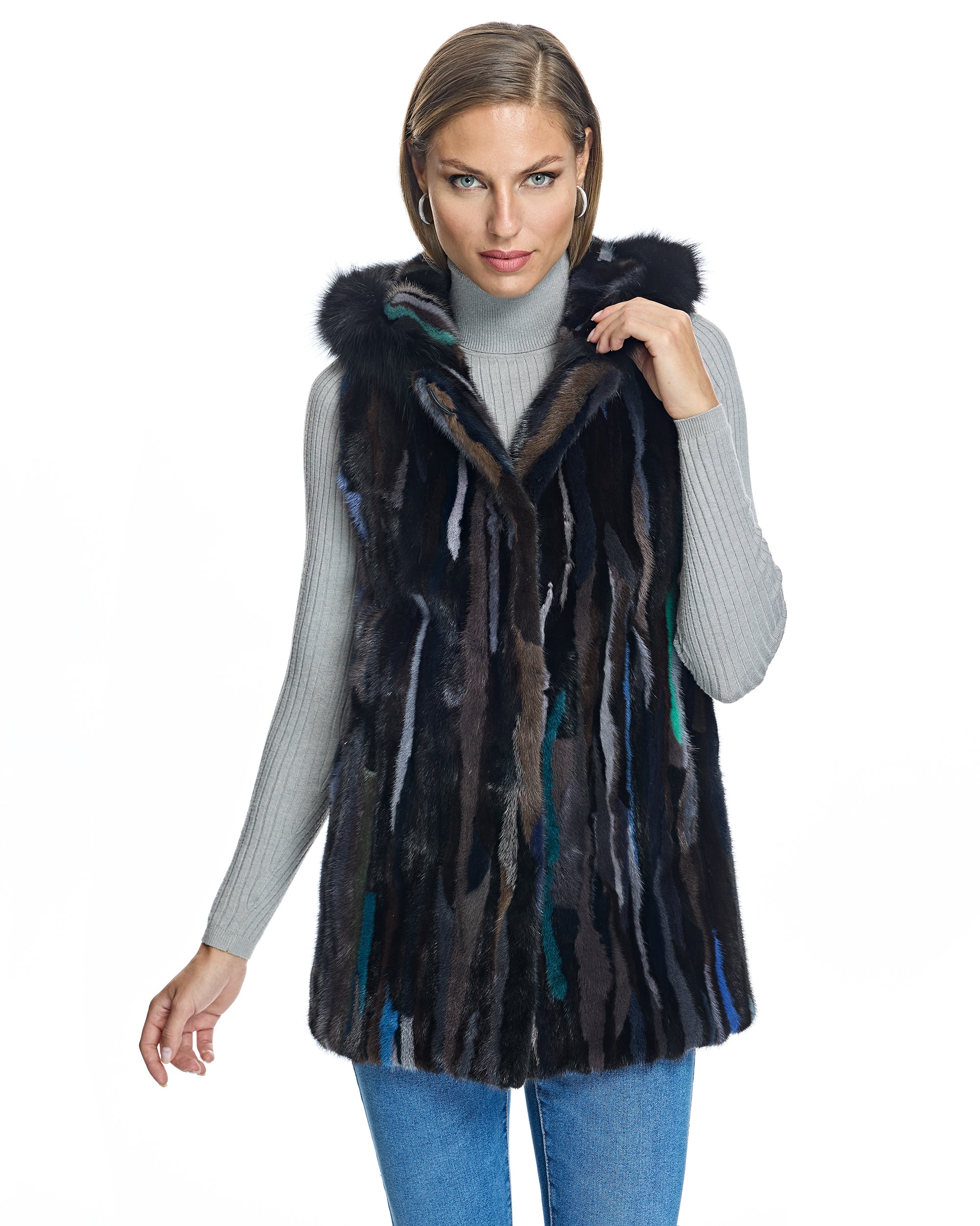 Mink Sections Vest with Fox Trimmed Hood