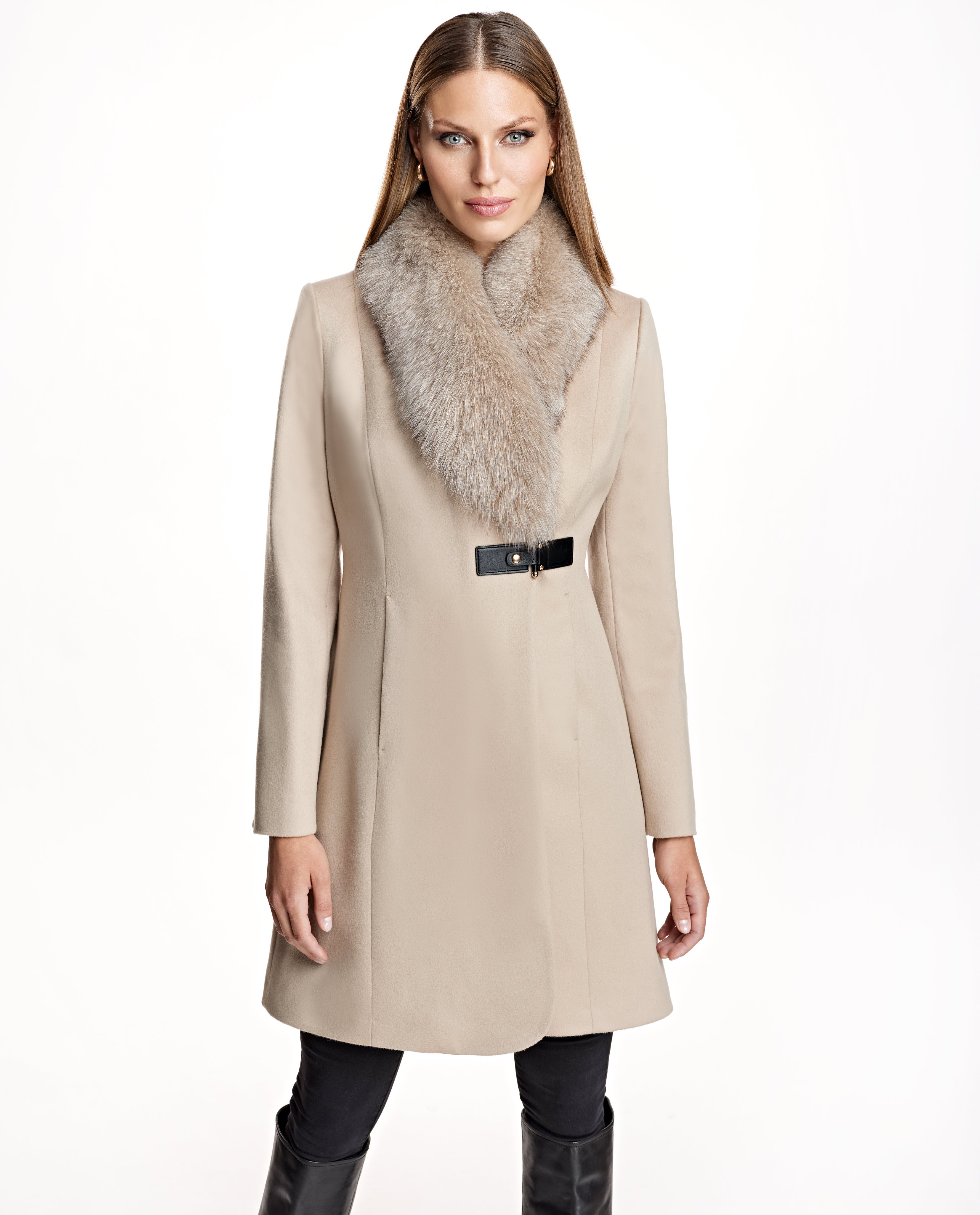 Wool Blend Coat With Fox Collar