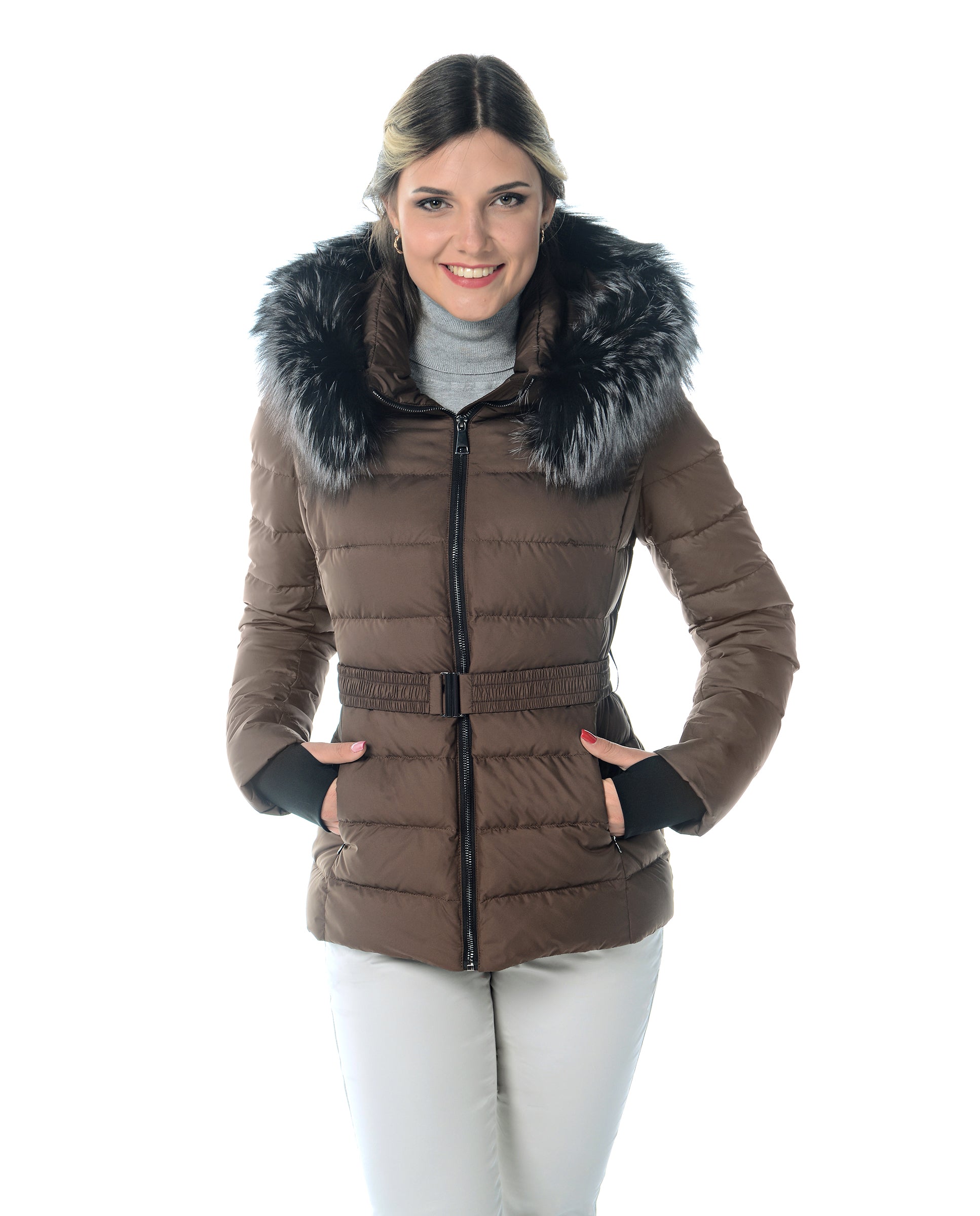 Chaqueta de poliéster con capucha desmontable con ribete de zorro
