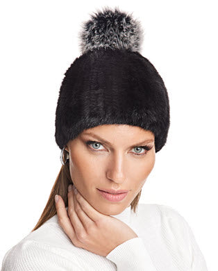 Knitted Mink Hat With Fox Pompom