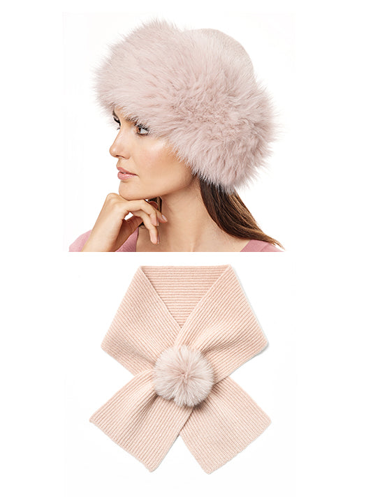 Knitted Wool Blend Scarf & Fox Trim Hat *Two Piece Set*